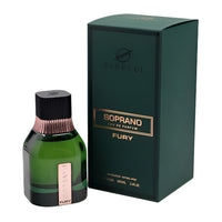 Dumont Soprano Fury Eau de Parfum 3.4 oz green bottle with packaging box front view
