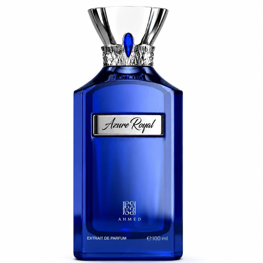 Azure Royal blue glass bottle with decorative cap and silver label, 100ml Extrait De Parfum