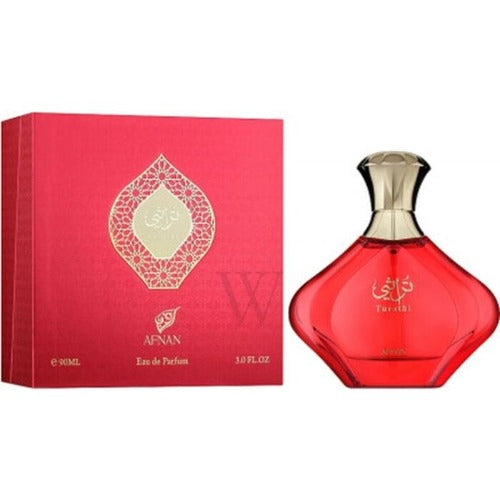 Afnan Turathi Red Eau De Parfum bottle with red box packaging featuring gold ornamental design