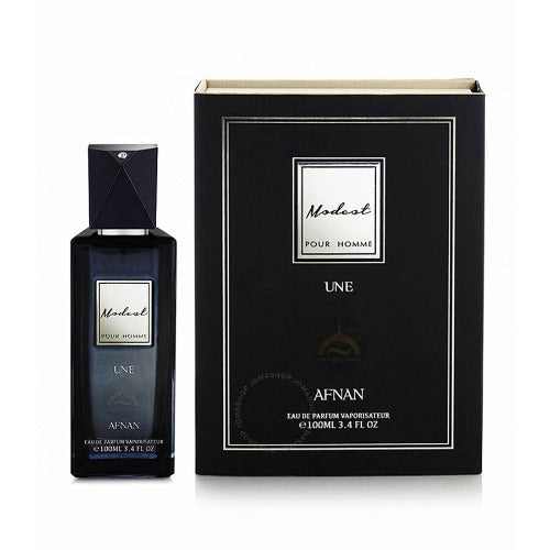 Afnan Modest Une Eau De Parfum bottle and black box packaging with gold trim