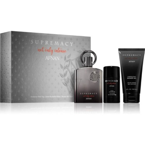 Afnan Supremacy Not Only Intense 3-piece gift set with gray box, eau de parfum bottle, deodorant spray, and body lotion tube