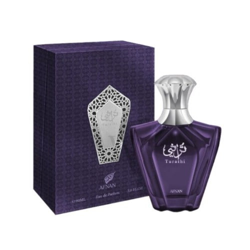 Afnan Turathi purple eau de parfum bottle with decorative box packaging