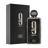 Afnan 9 Pm Night Out black textured perfume bottle with spherical cap and matching box
