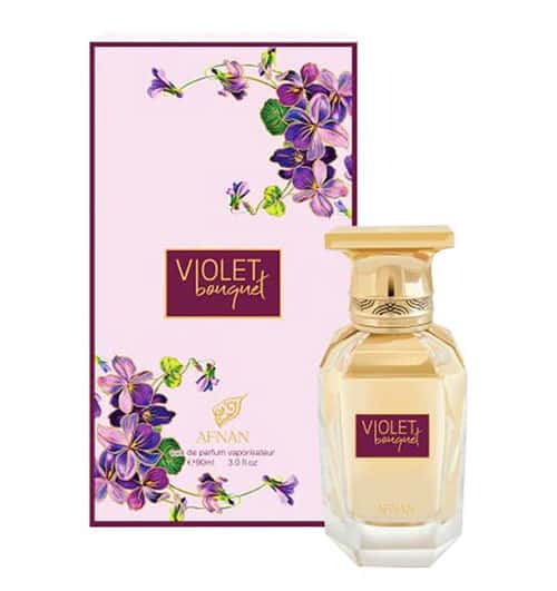 Afnan Violet Bouquet perfume bottle with box featuring purple flowers on pink background