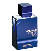 Al Haramain Amber Oud Dubai Night blue perfume bottle with cap, 75ml extrait de parfum.