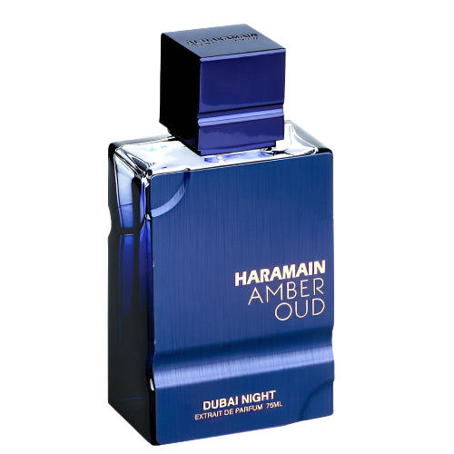 Al Haramain Amber Oud Dubai Night blue perfume bottle with cap, 75ml extrait de parfum.