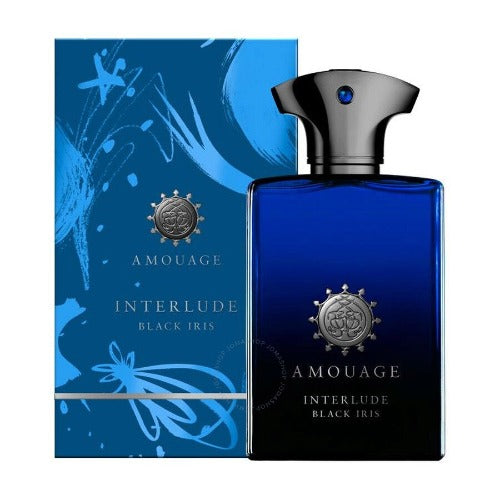 Amouage Interlude Black Iris fragrance bottle and blue packaging with floral design