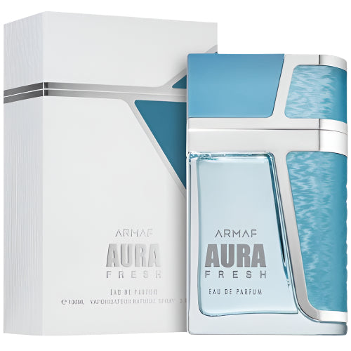 Armaf Aura Fresh eau de parfum bottle in clear glass with blue accents, displayed with white retail box and blue spray atomizer.