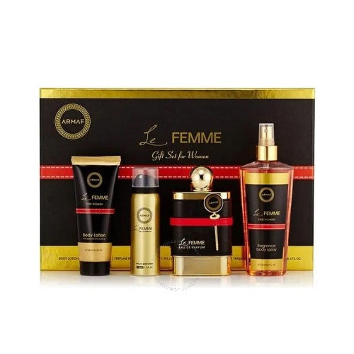 Armaf Le Femme 4-piece gift set with perfume spray, body lotion, deodorant, and cream in gold and black packaging.