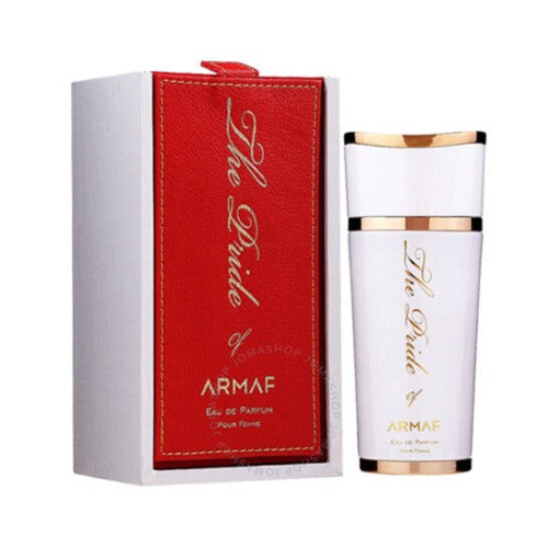 Armaf The Pride White fragrance bottle with gold bands next to red and white branded box.