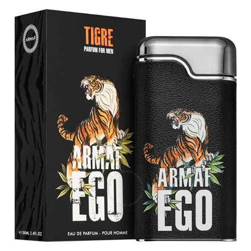 Armaf Ego black leather fragrance bottle with tiger design and box packaging