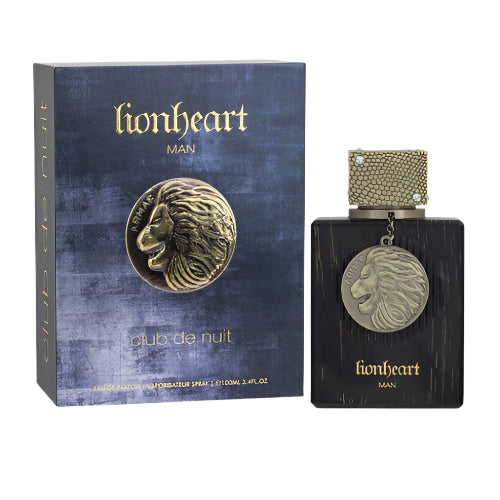 Lionheart Man eau de parfum bottle with box featuring gold lion medallion design