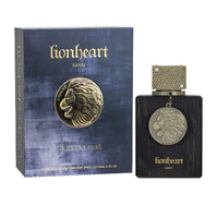 Lionheart Man eau de parfum bottle with box featuring gold lion medallion design