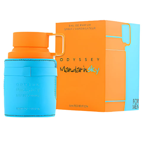 Armaf Odyssey Mandarin Sky blue fragrance bottle with orange box packaging