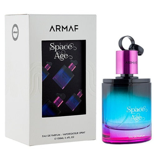 Armaf Space Age Eau De Parfum bottle with gradient blue and pink coloring next to white box packaging