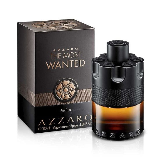 Azzaro The Most Wanted Eau De Parfum 3.4 Oz black and clear glass bottel with packaging box front view