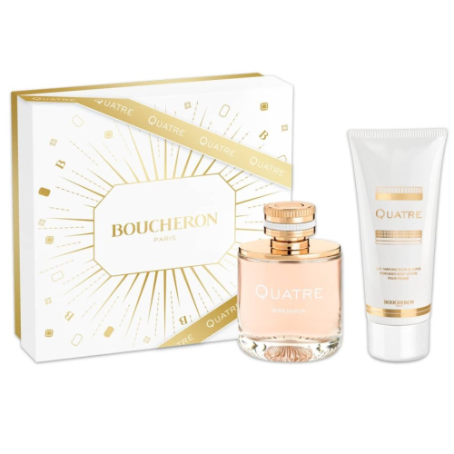 Boucheron Quatre 2 Piece Gift Set with perfume bottle and body lotion with packaging box front view