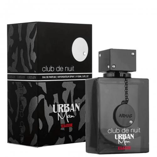 Armaf Club De Nuit Urban Elixir eau de parfum bottle with black box packaging featuring white oval logo detail.