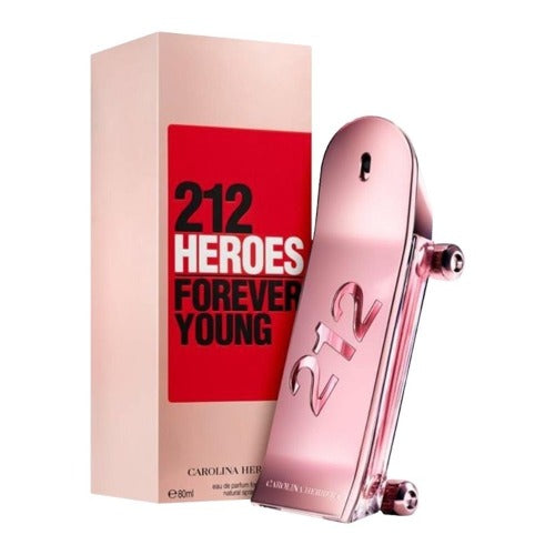 212 Heroes Eau De Parfum pink bottle next to red and beige box packaging
