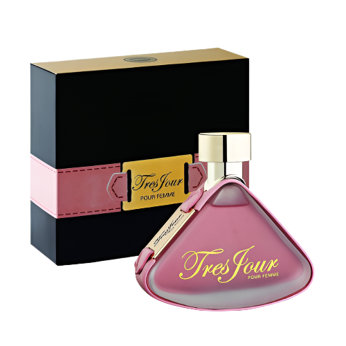 Armaf Tres Jour pink eau de parfum bottle with black and gold gift box packaging.