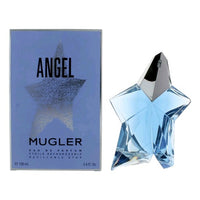 Angel by Mugler eau de parfum bottle next to blue packaging with star design