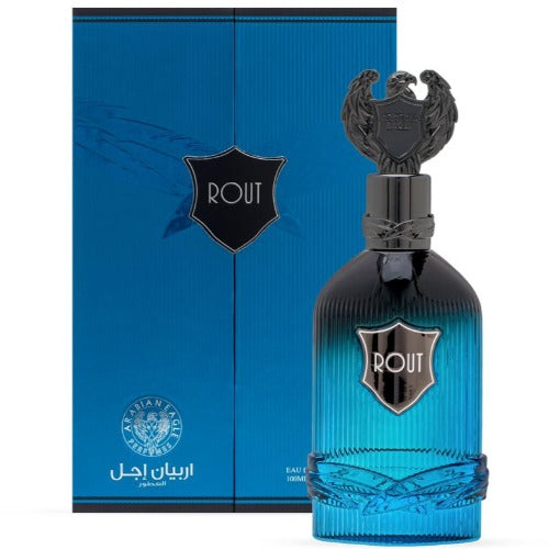 Arabian Eagle Rout perfume bottle with blue box and eagle stopper cap