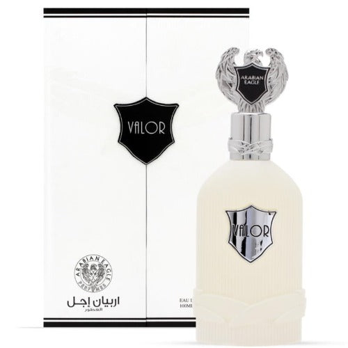 Arabian Eagle Valor Eau de Parfum 3.4 oz white bottle with silver cap and packaging box front view