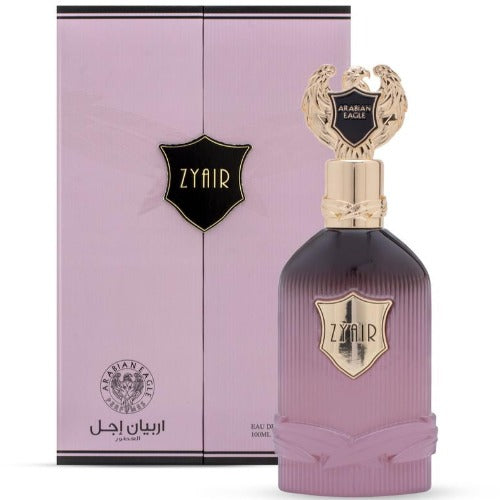 Zyair Eau De Parfum bottle in pink with gold accents and matching box packaging