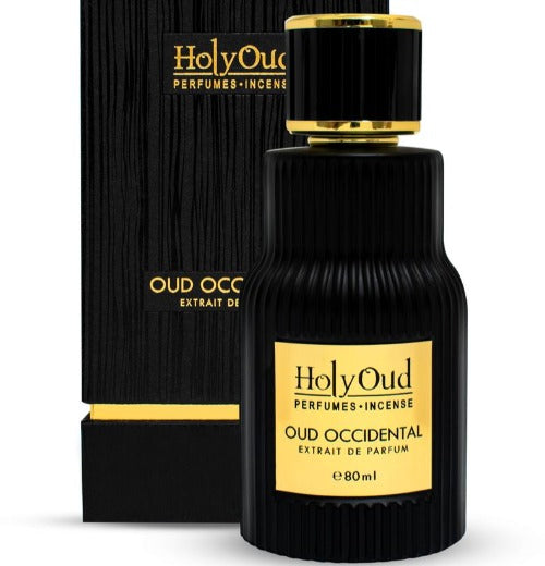 Holy Oud Occidental Extrait De Parfum 2.7 Oz black bottle with packaging box front view
