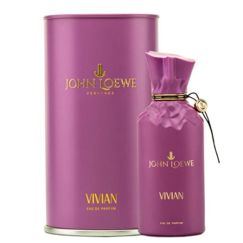 John Loewe Vivian Eau de Parfum purple 3.4 oz bottle with cylindrical packaging box front view