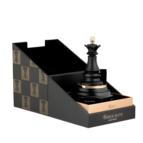 Armaf Checkmate King fragrance bottle in black with gold accents, displayed in branded black box packaging with chess piece pattern.