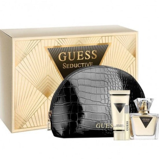 Guess Seductive 4 piece gift set with perfume bottle, lotion, pouch and packaging box front view
