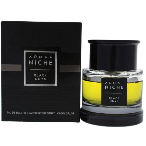 Armaf Niche Black Onyx fragrance bottle with yellow liquid next to black packaging box