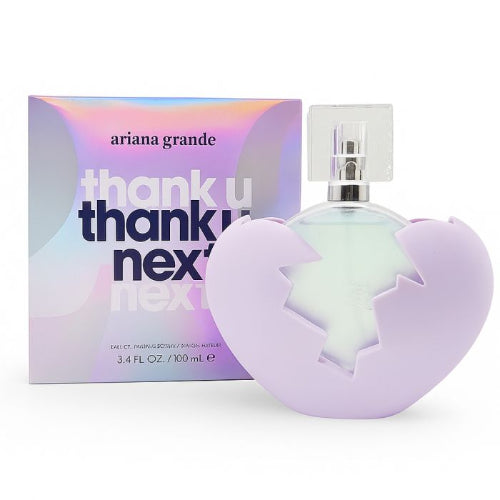 Ariana Grande Thank You Next 2.0 perfume bottle in pink heart shape with box and packaging.