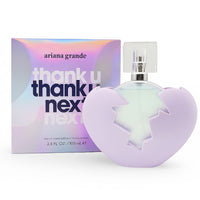 Ariana Grande Thank You Next 2.0 perfume bottle in pink heart shape with box and packaging.