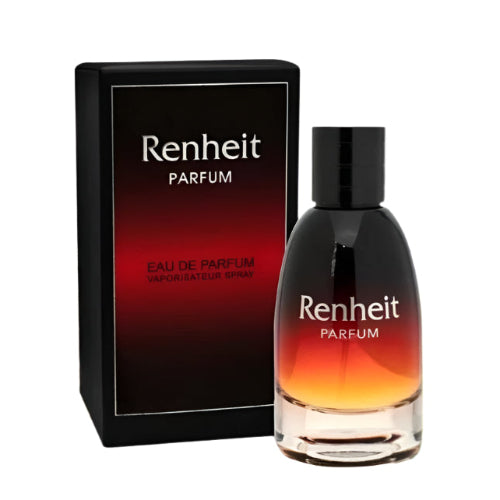 Fragrance World Renheit Eau de Parfum 3.4 oz gradient black and orange bottle with packaging box front view