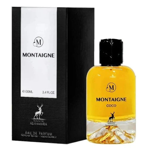 Maison Alhambra Montaigne Coco 3.4 oz clear bottle with gold liquid and packaging box front view
