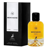 Maison Alhambra Montaigne Coco 3.4 oz clear bottle with gold liquid and packaging box front view