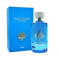 Jo Milano Game Of Spades Full House Eau de Parfum 3.4 oz blue bottle with packaging box front view