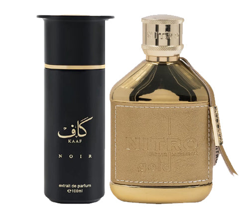 Two perfume bottles: black cylindrical bottle with gold band on left, gold rectangular bottle with leather pouch on right
