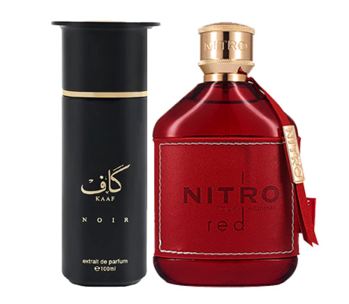 Two perfume bottles: black cylindrical bottle with gold accents labeled Kaaf Noir, and red square bottle with gold cap labeled Nitro Red.
