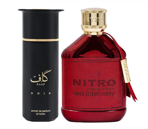 Two perfume bottles: black cylindrical container with gold trim labeled Kaaf Noir, and red faceted bottle with gold cap labeled Nitro Red Intensely.