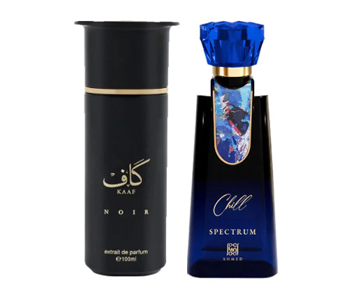 Two perfume bottles: black cylindrical Kaaf Noir 100ml and blue Spectrum Chill with decorative crown cap.