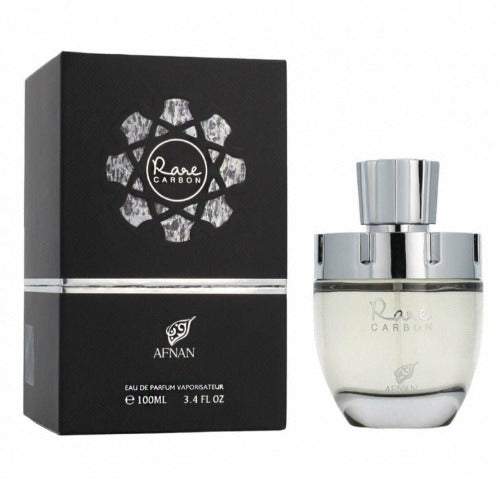 Afnan Rare Carbon eau de parfum 100ml bottle with black box packaging featuring crystal design