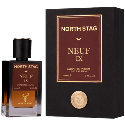 Paris Corner North Stag Neuf IX Extrait de Parfum 3.4 oz gradient amber bottle with packaging box front view