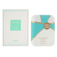 Armaf Le Parfait Azure perfume bottle and box set with turquoise and white packaging, gold accents