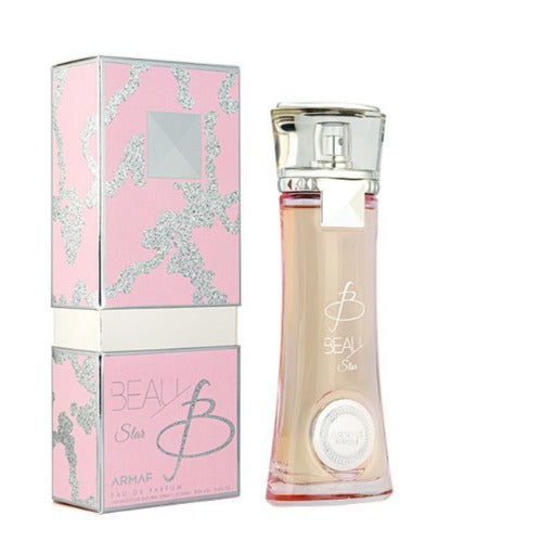 Armaf Beau Star perfume bottle with pink and silver glitter box packaging