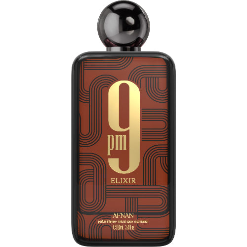 Afnan 9 PM Elixir Intense Parfum bottle with dark amber liquid, gold accents, and black spherical cap.