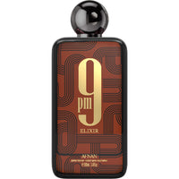 Afnan 9 PM Elixir Intense Parfum bottle with dark amber liquid, gold accents, and black spherical cap.