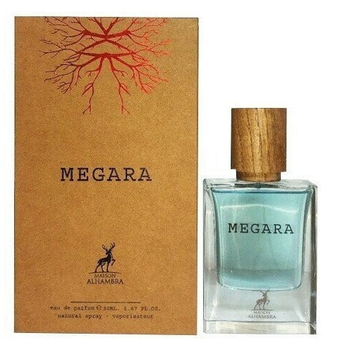 Maison Alhambra Megara Eau de Parfum 1.7 oz clear glass bottle with aqua liquid and wooden cap packaging box front view